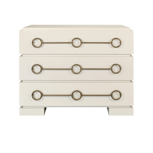 Worlds Away - Three Drawer Chest With Antique Brass Connected Circle Hardware In Matte Antique White Lacquer - RODERICK AW view 2