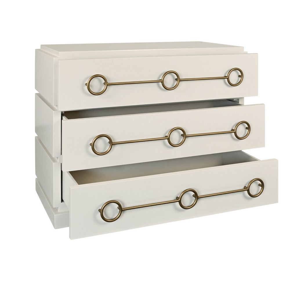 Worlds Away - Three Drawer Chest With Antique Brass Connected Circle Hardware In Matte Antique White Lacquer - RODERICK AW view 3