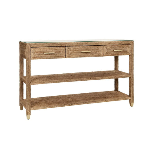 Worlds Away - Three Drawer Console With Satin Brass Hardware And Foot Caps In Wrapped Rope - CASSIE view 1