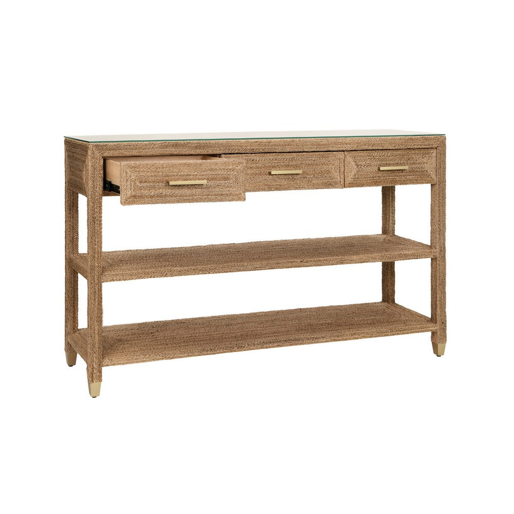 Worlds Away - Three Drawer Console With Satin Brass Hardware And Foot Caps In Wrapped Rope - CASSIE view 3