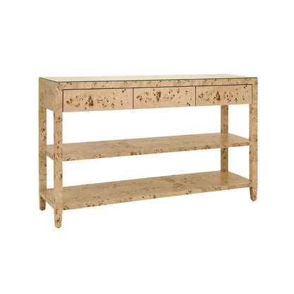 Worlds Away - Three Drawer Console With Two Open Shelves In Burl Wood With Polished Brass Knobs - BRIAR BW view 1