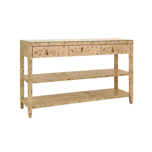 Worlds Away - Three Drawer Console With Two Open Shelves In Burl Wood With Polished Brass Knobs - BRIAR BW view 1