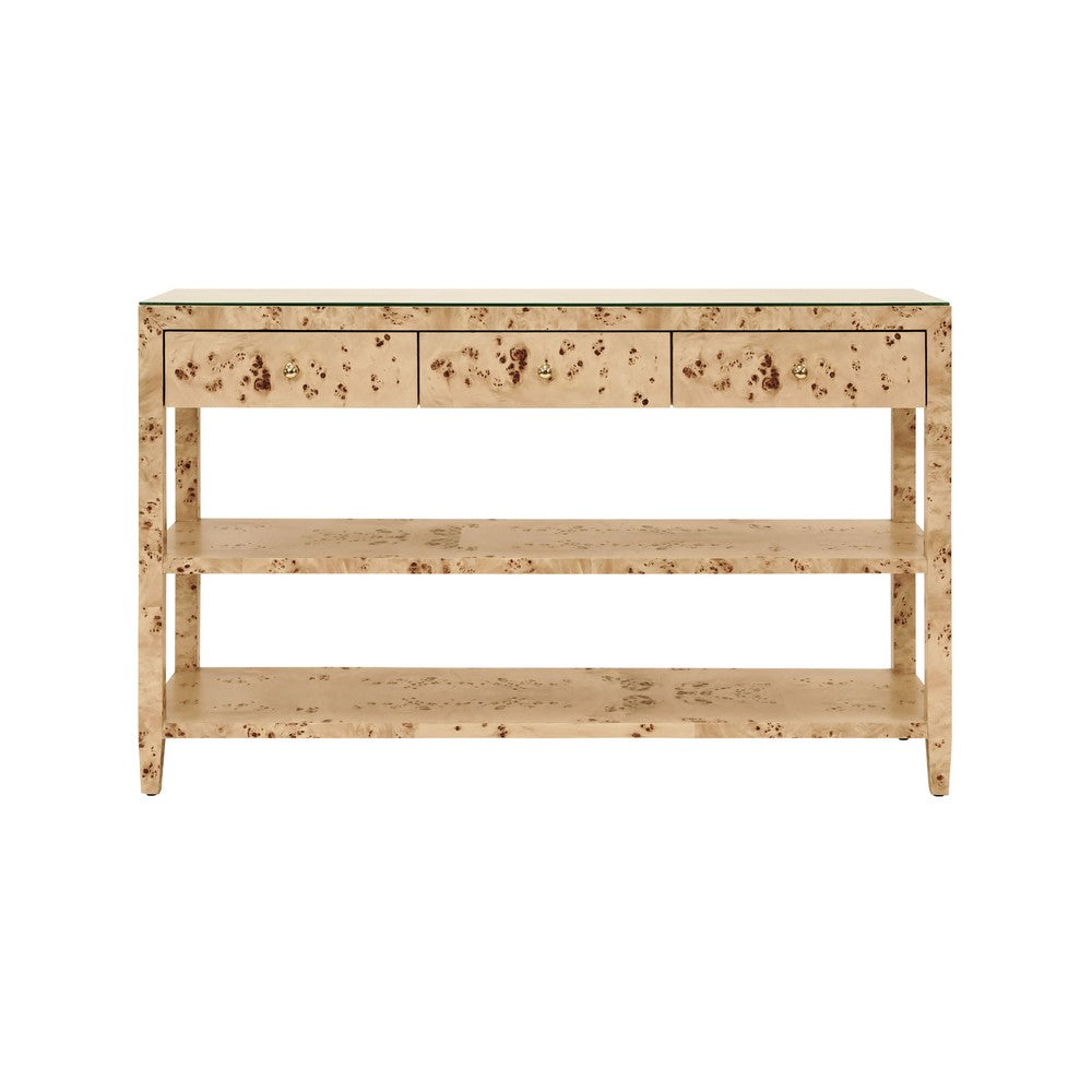 Worlds Away - Three Drawer Console With Two Open Shelves In Burl Wood With Polished Brass Knobs - BRIAR BW view 2