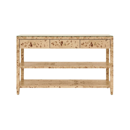 Worlds Away - Three Drawer Console With Two Open Shelves In Burl Wood With Polished Brass Knobs - BRIAR BW view 2