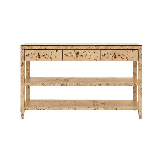 Worlds Away - Three Drawer Console With Two Open Shelves In Burl Wood With Polished Brass Knobs - BRIAR BW view 2