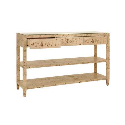 Worlds Away - Three Drawer Console With Two Open Shelves In Burl Wood With Polished Brass Knobs - BRIAR BW view 3