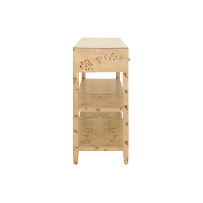 Worlds Away - Three Drawer Console With Two Open Shelves In Burl Wood With Polished Brass Knobs - BRIAR BW view 4