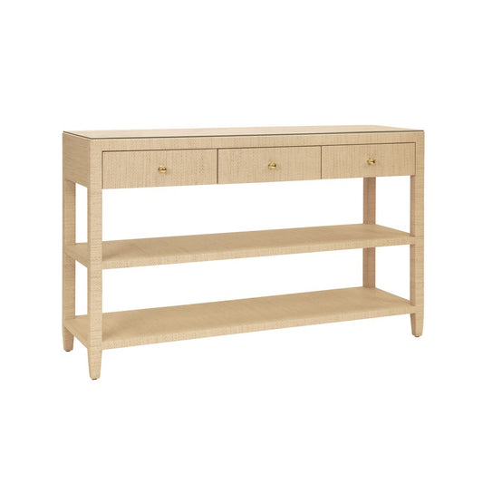 Worlds Away - Three Drawer Console With Two Open Shelves In Natural Grasscloth With Polished Brass Knobs - BRIAR NAT view 1