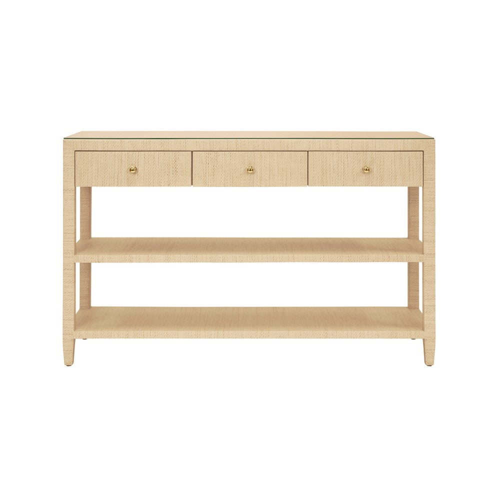 Worlds Away - Three Drawer Console With Two Open Shelves In Natural Grasscloth With Polished Brass Knobs - BRIAR NAT view 2