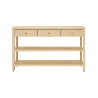 Worlds Away - Three Drawer Console With Two Open Shelves In Natural Grasscloth With Polished Brass Knobs - BRIAR NAT view 2
