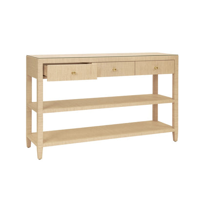 Worlds Away - Three Drawer Console With Two Open Shelves In Natural Grasscloth With Polished Brass Knobs - BRIAR NAT view 3