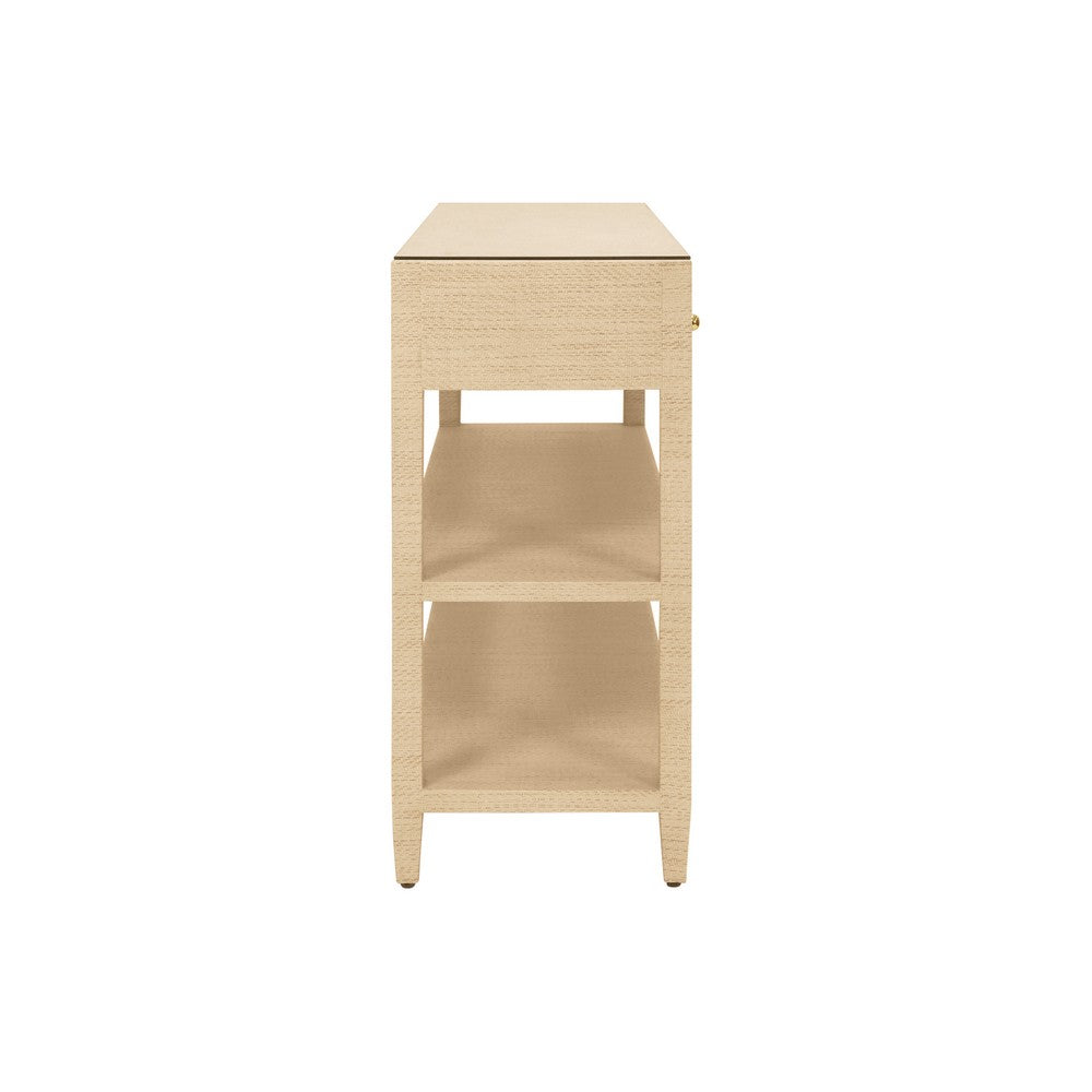 Worlds Away - Three Drawer Console With Two Open Shelves In Natural Grasscloth With Polished Brass Knobs - BRIAR NAT view 4