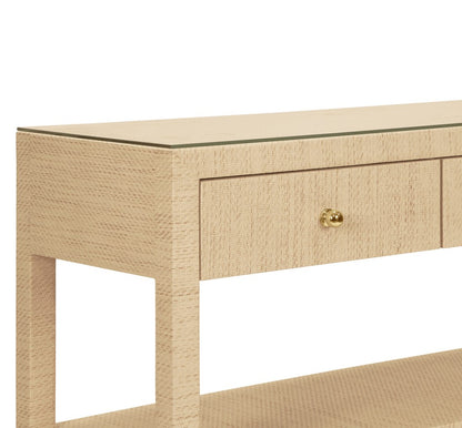 Worlds Away - Three Drawer Console With Two Open Shelves In Natural Grasscloth With Polished Brass Knobs - BRIAR NAT view 5