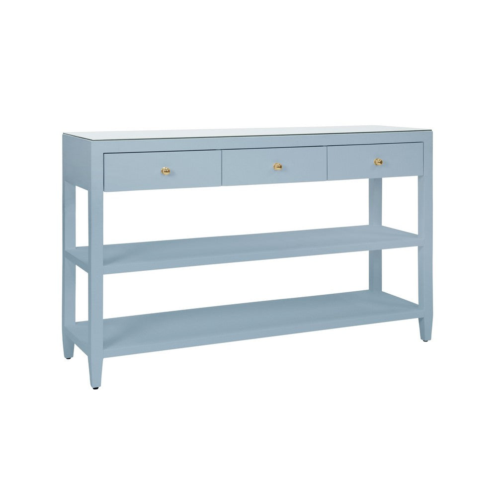 Worlds Away - Three Drawer Console With Two Open Shelves In Textured Light Blue Linen With Polished Brass Knobs - BRIAR LB view 1
