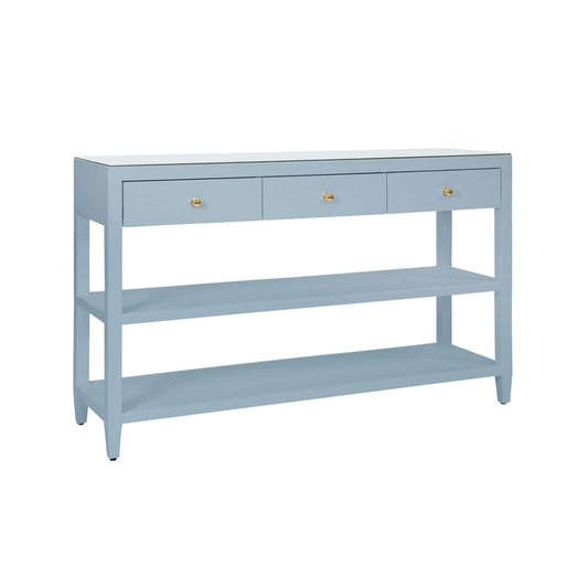 Worlds Away - Three Drawer Console With Two Open Shelves In Textured Light Blue Linen With Polished Brass Knobs - BRIAR LB view 1