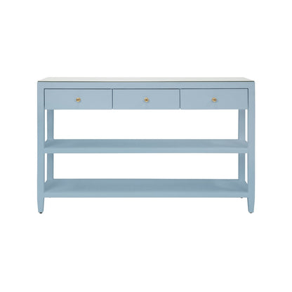 Worlds Away - Three Drawer Console With Two Open Shelves In Textured Light Blue Linen With Polished Brass Knobs - BRIAR LB view 2