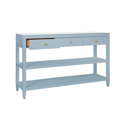Worlds Away - Three Drawer Console With Two Open Shelves In Textured Light Blue Linen With Polished Brass Knobs - BRIAR LB view 3
