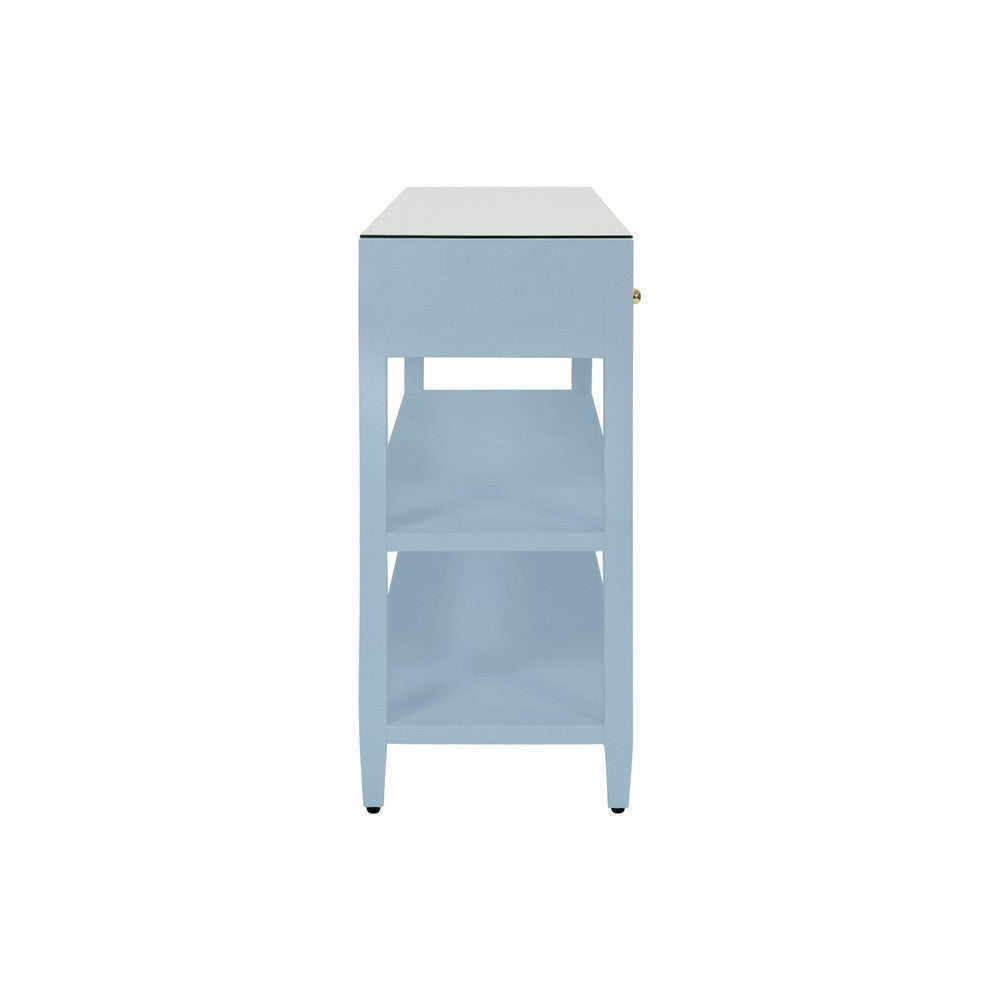 Worlds Away - Three Drawer Console With Two Open Shelves In Textured Light Blue Linen With Polished Brass Knobs - BRIAR LB view 4