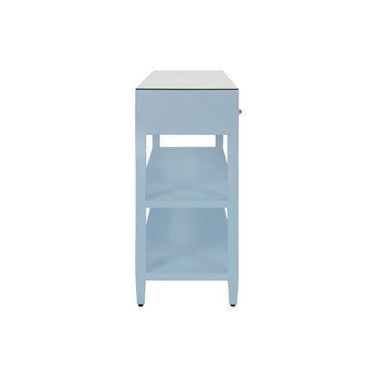 Worlds Away - Three Drawer Console With Two Open Shelves In Textured Light Blue Linen With Polished Brass Knobs - BRIAR LB view 4