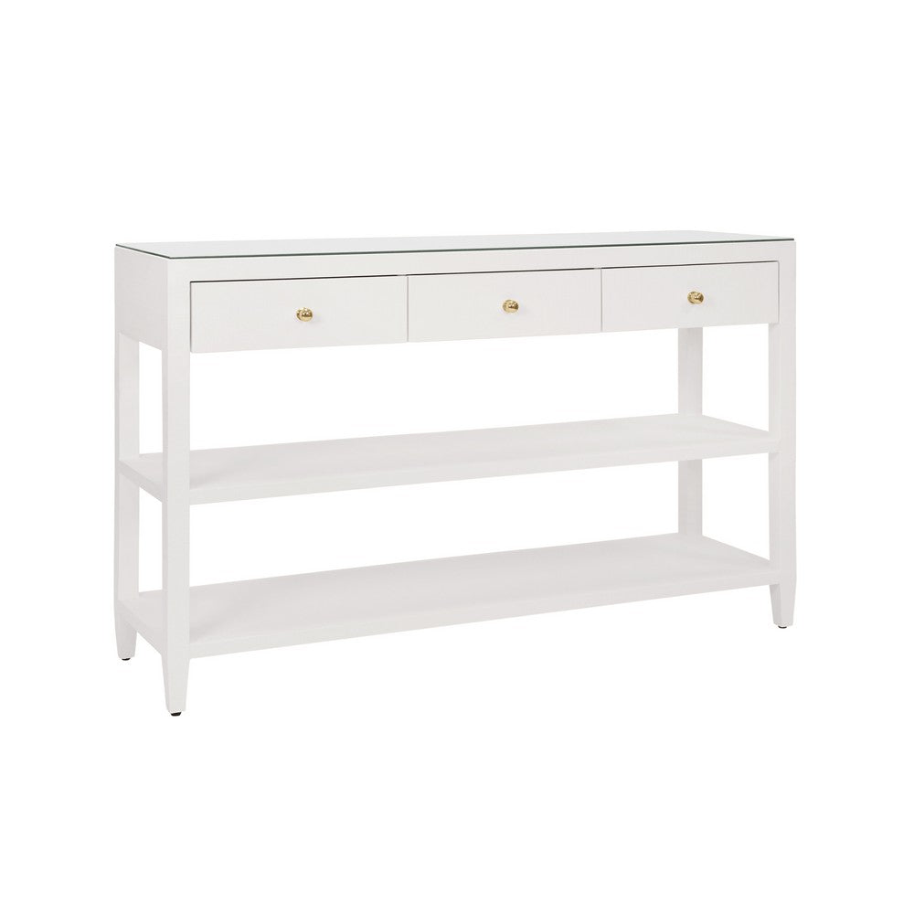 Worlds Away - Three Drawer Console With Two Open Shelves In White Textured Linen With Polished Brass Knobs - BRIAR WH view 1