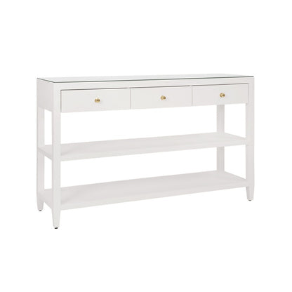 Worlds Away - Three Drawer Console With Two Open Shelves In White Textured Linen With Polished Brass Knobs - BRIAR WH view 1