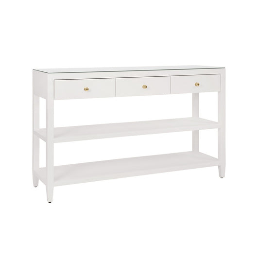 Worlds Away - Three Drawer Console With Two Open Shelves In White Textured Linen With Polished Brass Knobs - BRIAR WH view 1