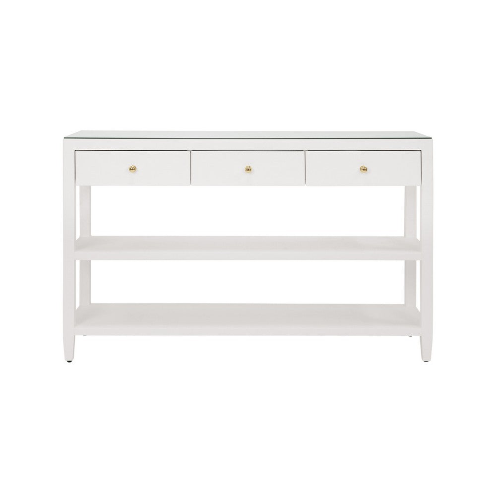 Worlds Away - Three Drawer Console With Two Open Shelves In White Textured Linen With Polished Brass Knobs - BRIAR WH view 2