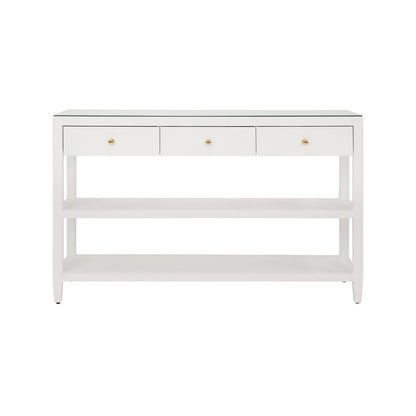 Worlds Away - Three Drawer Console With Two Open Shelves In White Textured Linen With Polished Brass Knobs - BRIAR WH view 2