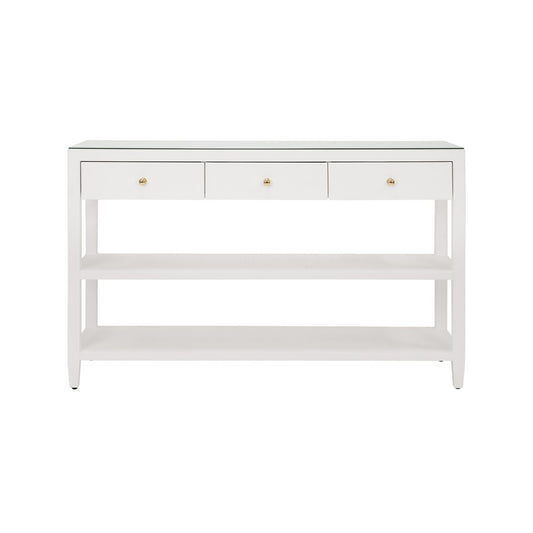 Worlds Away - Three Drawer Console With Two Open Shelves In White Textured Linen With Polished Brass Knobs - BRIAR WH view 2