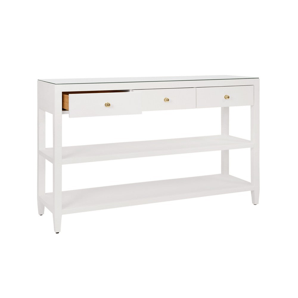 Worlds Away - Three Drawer Console With Two Open Shelves In White Textured Linen With Polished Brass Knobs - BRIAR WH view 3