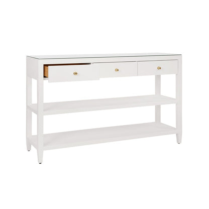 Worlds Away - Three Drawer Console With Two Open Shelves In White Textured Linen With Polished Brass Knobs - BRIAR WH view 3