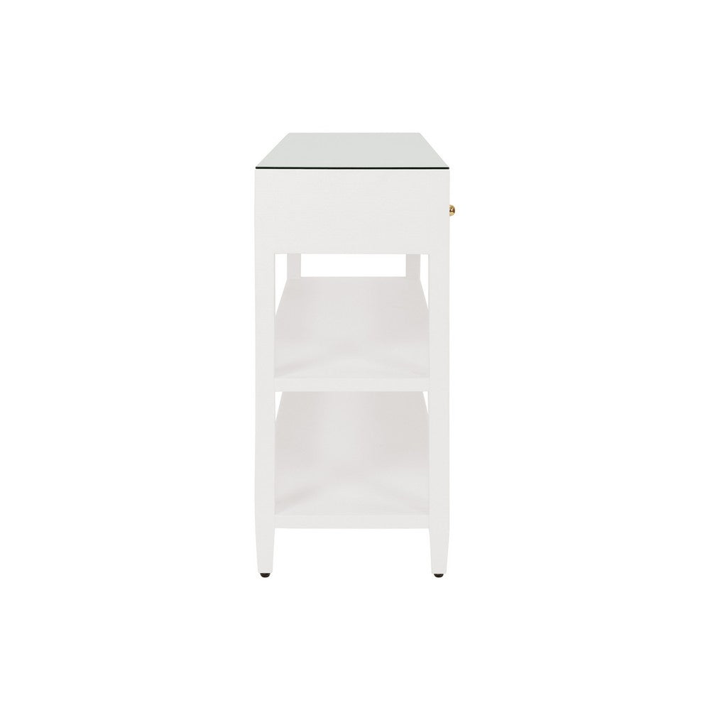 Worlds Away - Three Drawer Console With Two Open Shelves In White Textured Linen With Polished Brass Knobs - BRIAR WH view 4