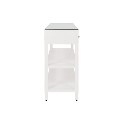 Worlds Away - Three Drawer Console With Two Open Shelves In White Textured Linen With Polished Brass Knobs - BRIAR WH view 4