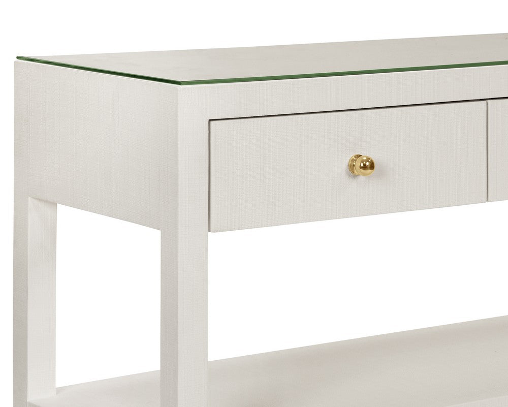 Worlds Away - Three Drawer Console With Two Open Shelves In White Textured Linen With Polished Brass Knobs - BRIAR WH view 5