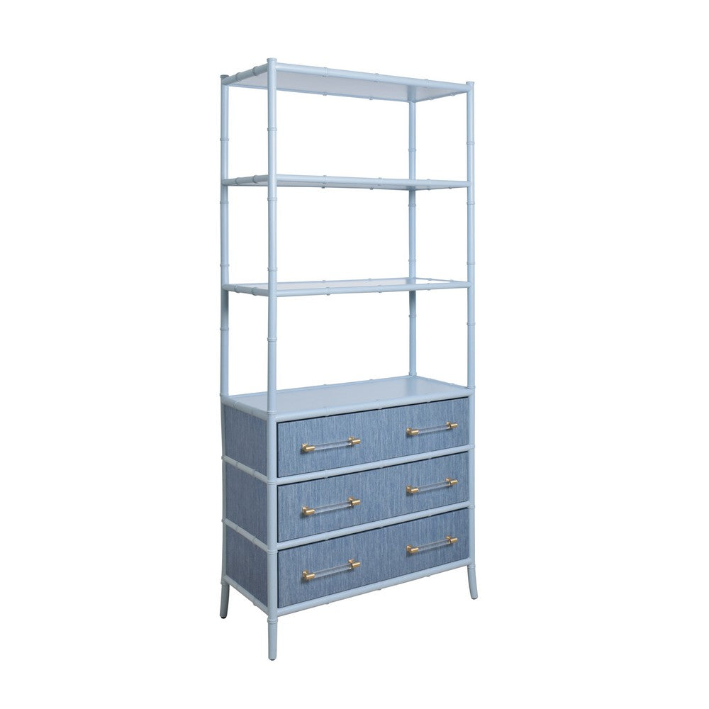 Worlds Away - Three Drawer Etagere With Bamboo Detail In Blue Dyed Grasscloth And Light Blue Matte Lacquer - FLYNN BL view 1