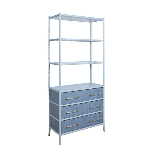 Worlds Away - Three Drawer Etagere With Bamboo Detail In Blue Dyed Grasscloth And Light Blue Matte Lacquer - FLYNN BL view 1