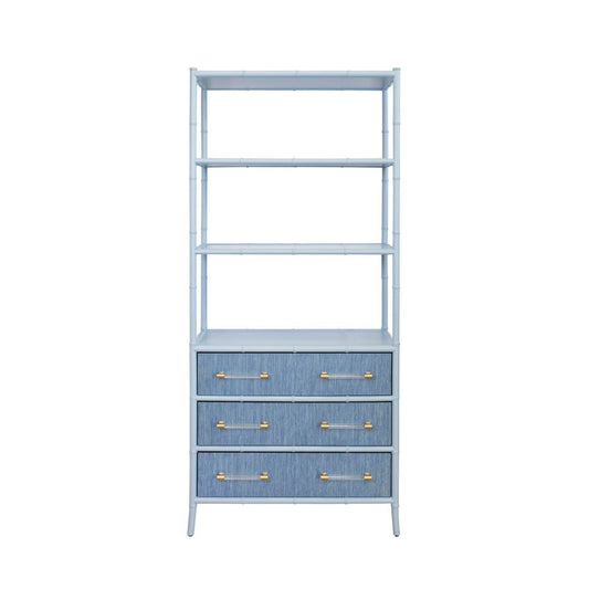 Worlds Away - Three Drawer Etagere With Bamboo Detail In Blue Dyed Grasscloth And Light Blue Matte Lacquer - FLYNN BL view 2