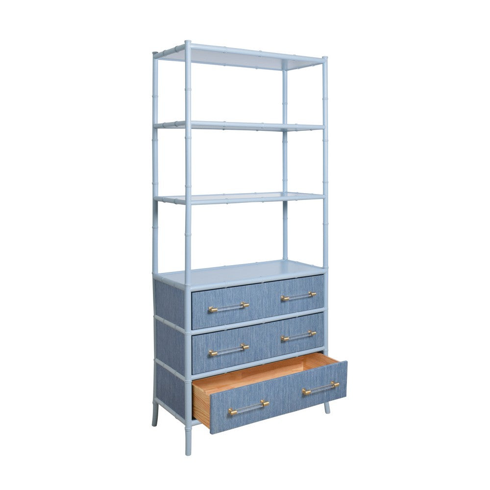 Worlds Away - Three Drawer Etagere With Bamboo Detail In Blue Dyed Grasscloth And Light Blue Matte Lacquer - FLYNN BL view 3