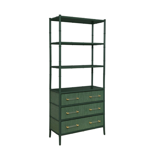 Worlds Away - Three Drawer Etagere With Bamboo Detail In Green Dyed Grasscloth And Dark Green Matte Lacquer - FLYNN GR view 1