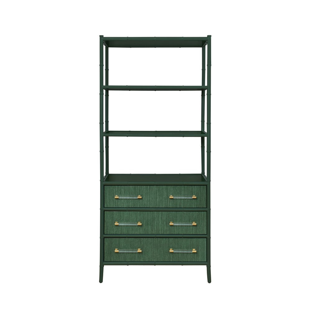 Worlds Away - Three Drawer Etagere With Bamboo Detail In Green Dyed Grasscloth And Dark Green Matte Lacquer - FLYNN GR view 2