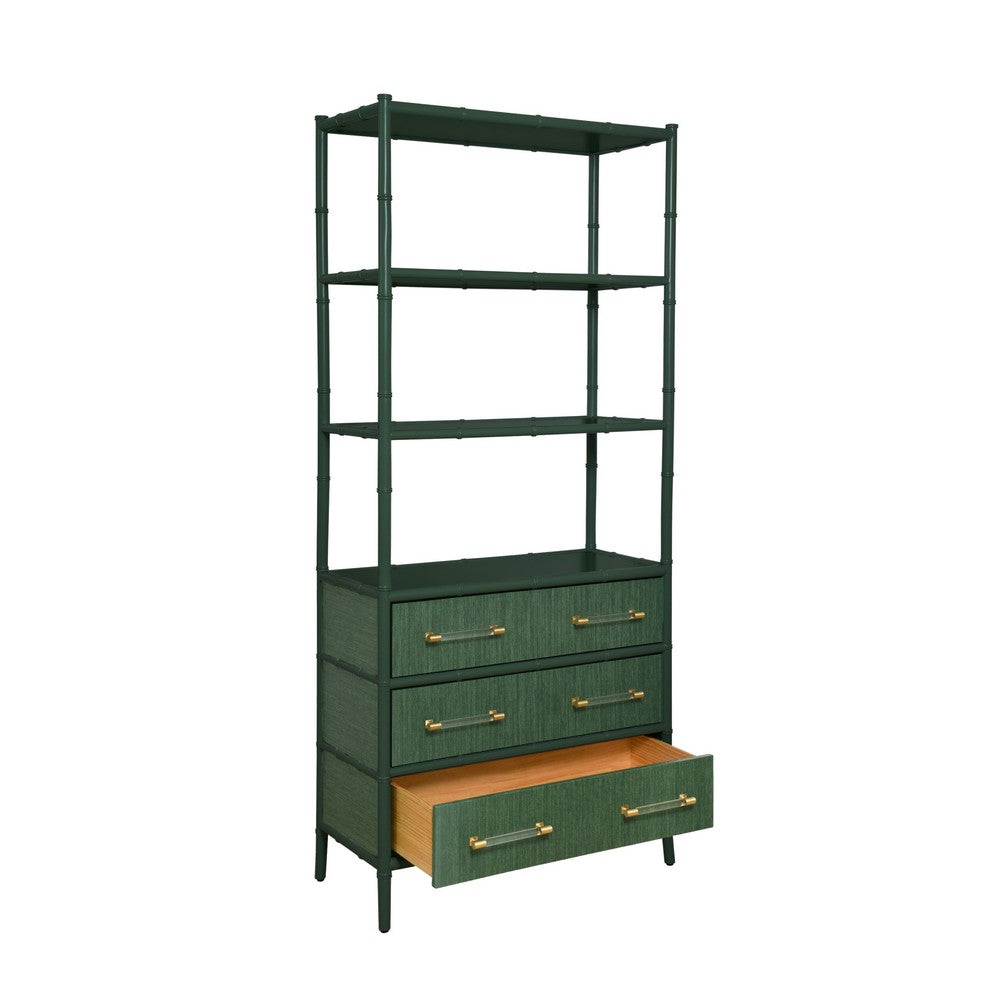 Worlds Away - Three Drawer Etagere With Bamboo Detail In Green Dyed Grasscloth And Dark Green Matte Lacquer - FLYNN GR view 3