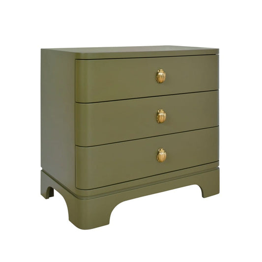 Worlds Away - Three Drawer Rounded Edge Side Table With Brass Beetle Knob In Olive Green Matte Lacquer - FORTUNE OLV view 1