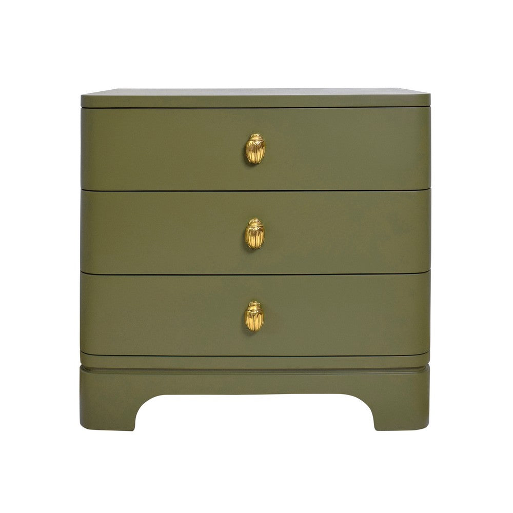 Worlds Away - Three Drawer Rounded Edge Side Table With Brass Beetle Knob In Olive Green Matte Lacquer - FORTUNE OLV view 2