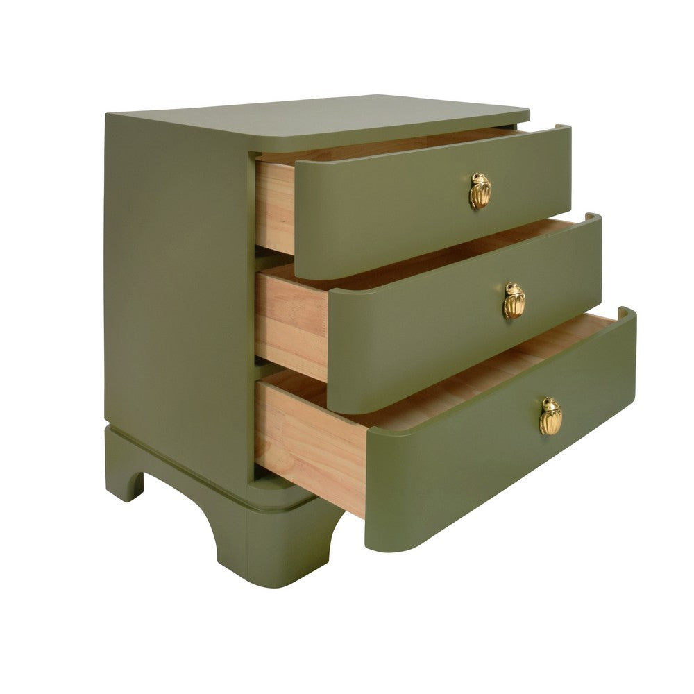 Worlds Away - Three Drawer Rounded Edge Side Table With Brass Beetle Knob In Olive Green Matte Lacquer - FORTUNE OLV view 3