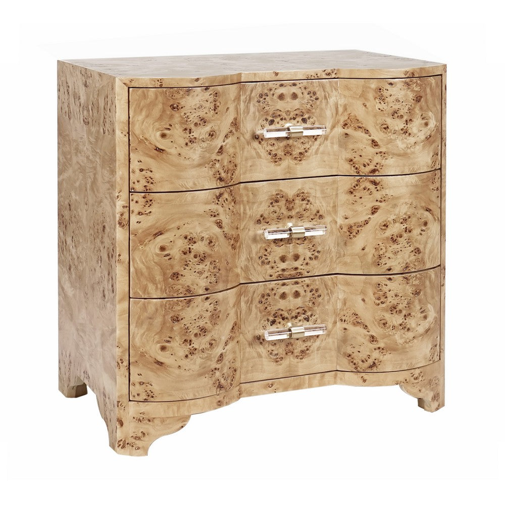Worlds Away - Three Drawer Side Table In Burl Wood With Acrylic Hardware - CALVIN BW view 1
