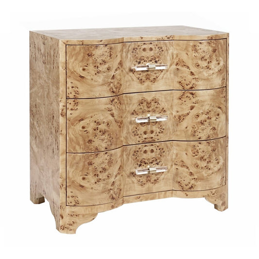 Worlds Away - Three Drawer Side Table In Burl Wood With Acrylic Hardware - CALVIN BW view 1