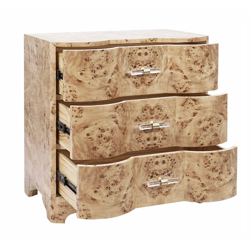 Worlds Away - Three Drawer Side Table In Burl Wood With Acrylic Hardware - CALVIN BW view 3