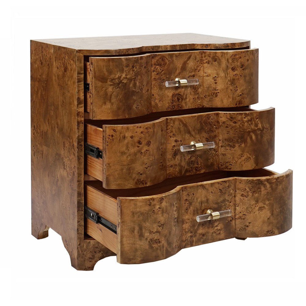 Worlds Away - Three Drawer Side Table In Dark Burl Wood With Acrylic Hardware - CALVIN DBW view 3