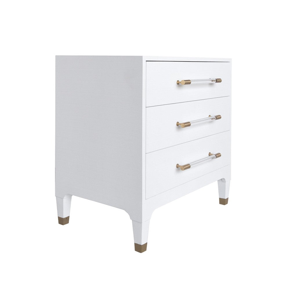 Worlds Away - Three Drawer Side Table In Textured White Linen With Antique Brass And Acrylic Hardware - AMBER WHL view 1