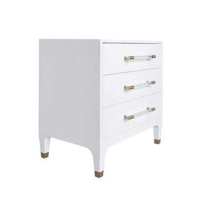 Worlds Away - Three Drawer Side Table In Textured White Linen With Antique Brass And Acrylic Hardware - AMBER WHL view 1